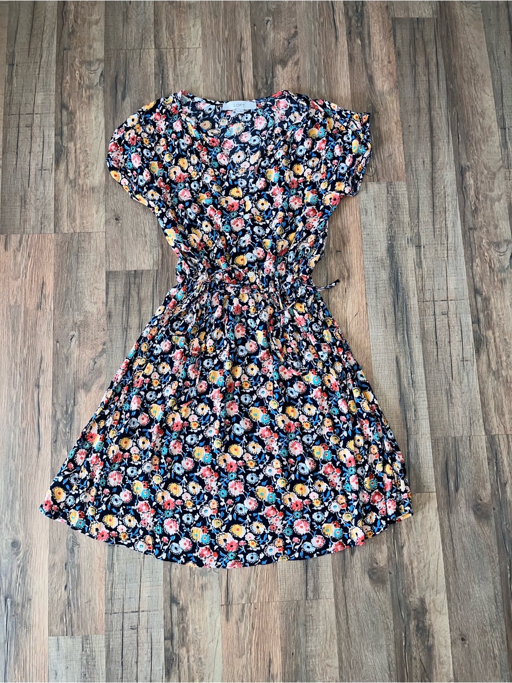 LOFT Black Floral Tie-Waist Kids Dress with Pink, Yellow & Blue Blooms